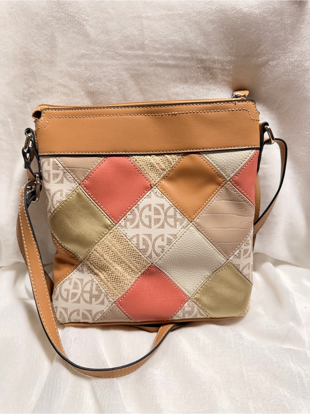 Gianni Bini Patchwork Crossbody in Peach, Cream & Tan - Picture 2 of 12
